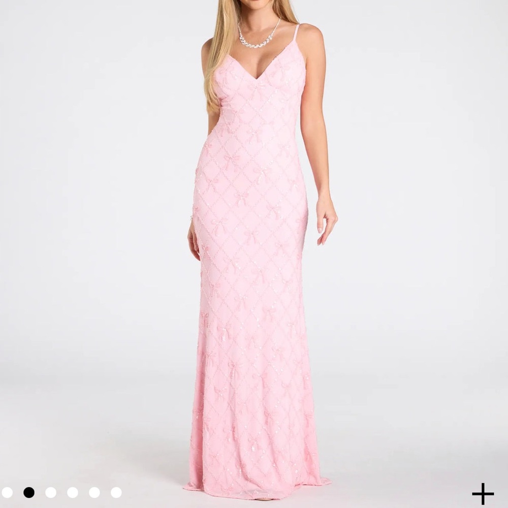 Pink sequin bow gown maxi dress (Amanda Tie-Back Mermaid Bow Formal Dress)